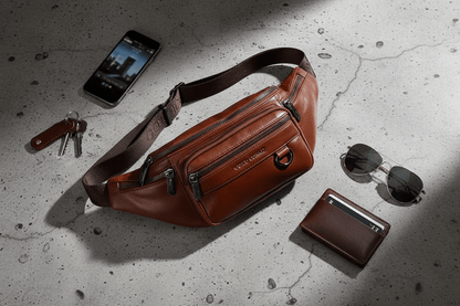 Flat lay du sac en cuir avec accessoires urbains