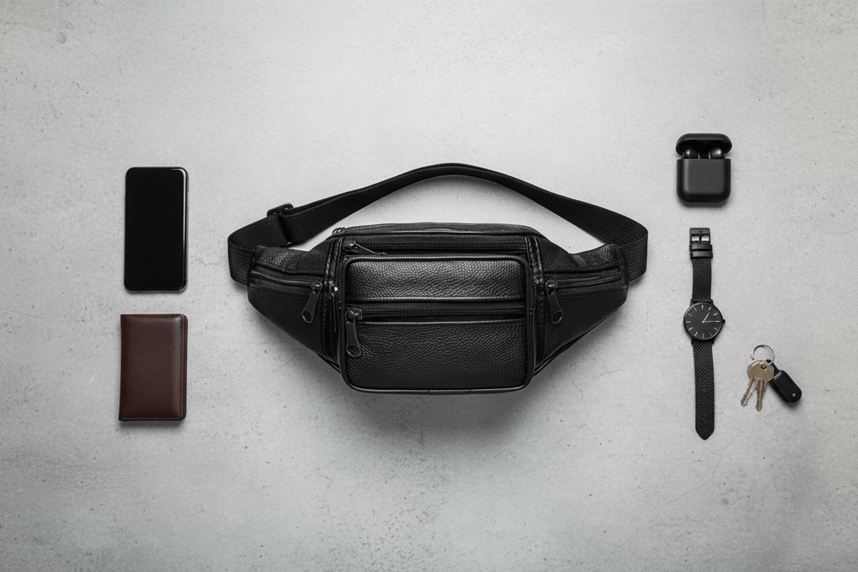 Flat lay du sac en cuir PU avec accessoires EDC