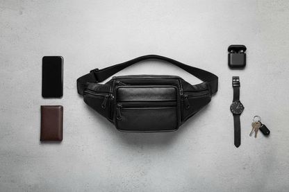 Flat lay du sac en cuir PU avec accessoires EDC