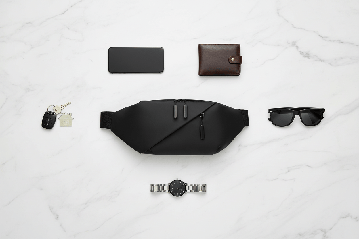 Flat lay du sac en cuir PU avec accessoires sur marbre