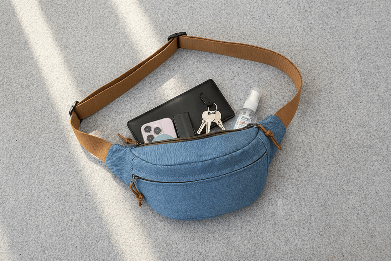 Flat lay du sac en denim avec accessoires quotidiens