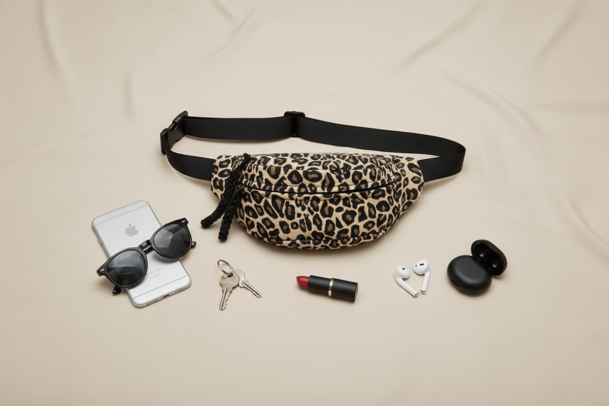 Flat lay du sac léopard avec accessoires