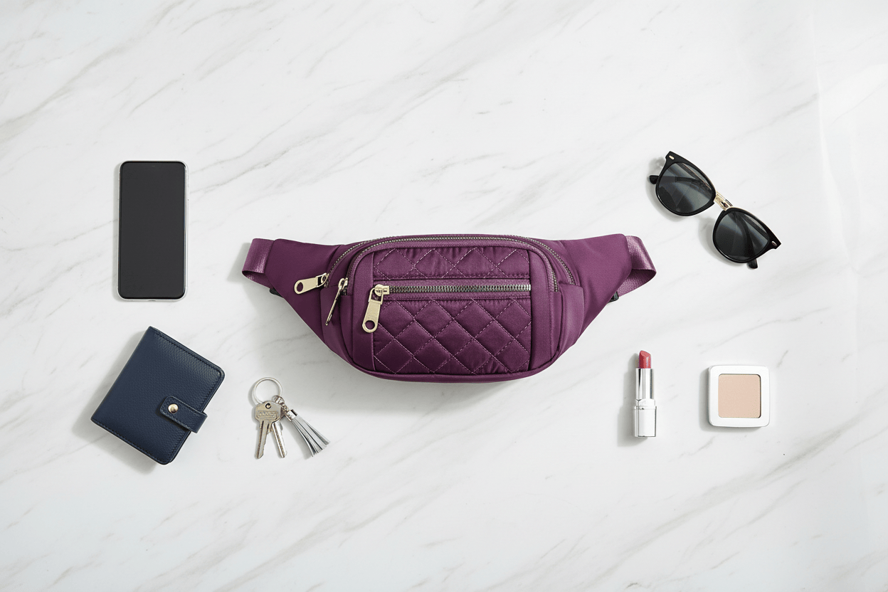 Flat lay du sac matelassé avec accessoires sur marbre
