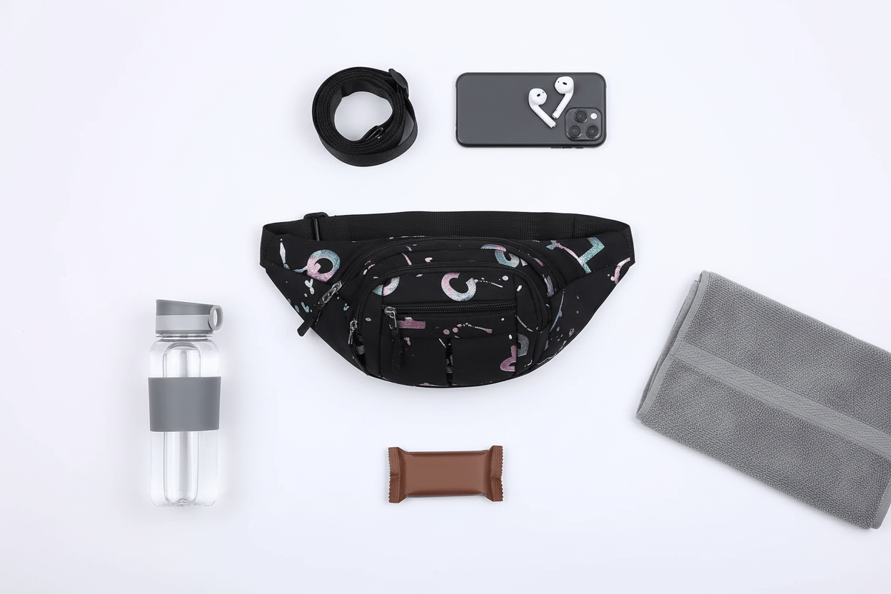 Flat lay du sac noir avec accessoires fitness