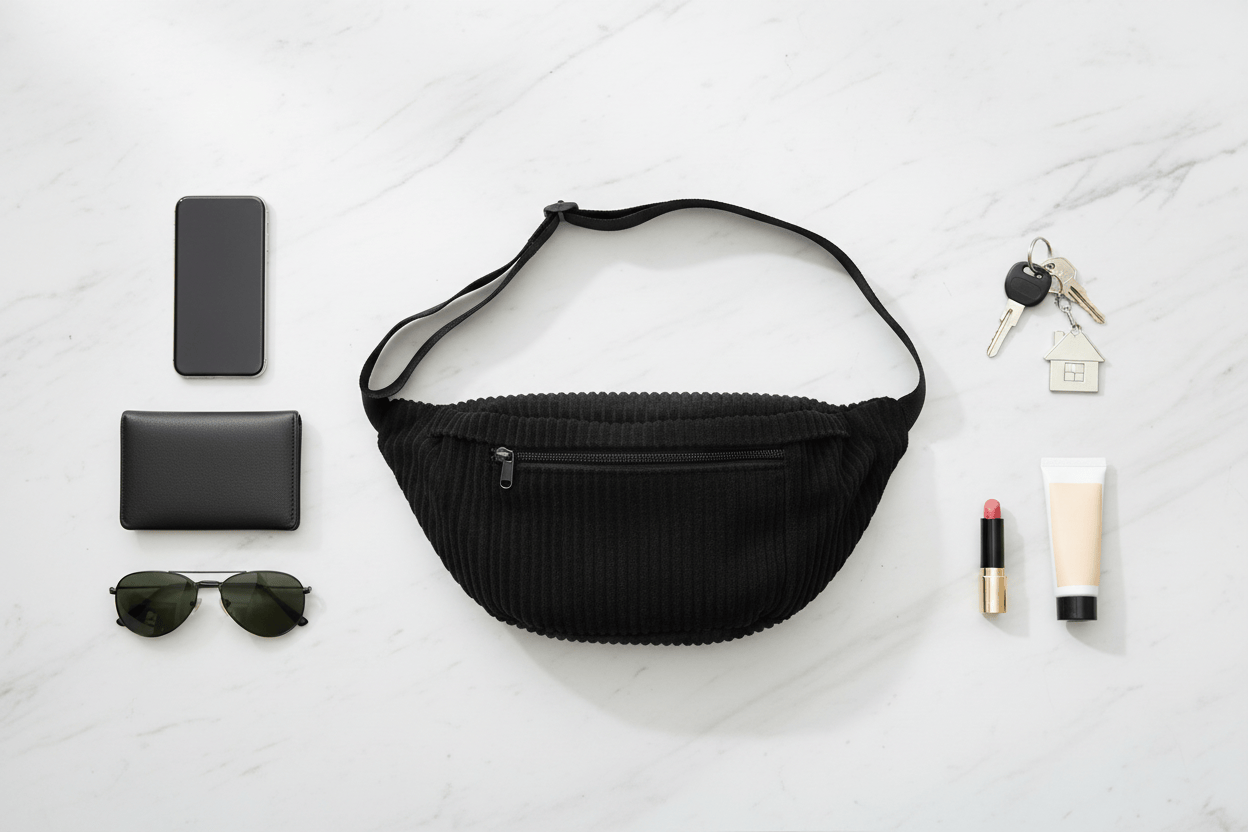 Flat lay du sac noir avec accessoires sur marbre