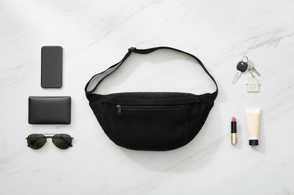 Flat lay du sac noir avec accessoires sur marbre