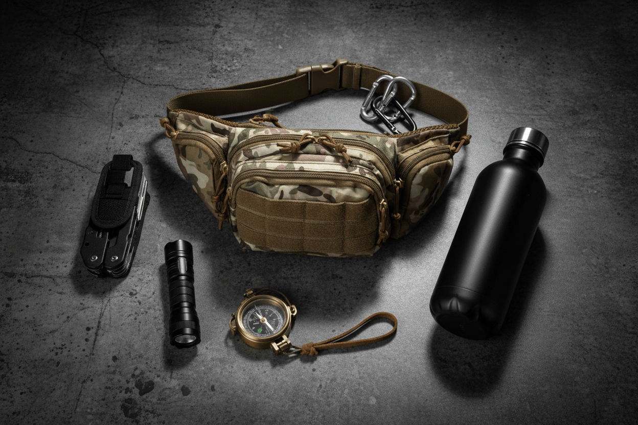 Flat lay du sac tactique avec équipement outdoor