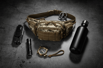 Flat lay du sac tactique avec équipement outdoor