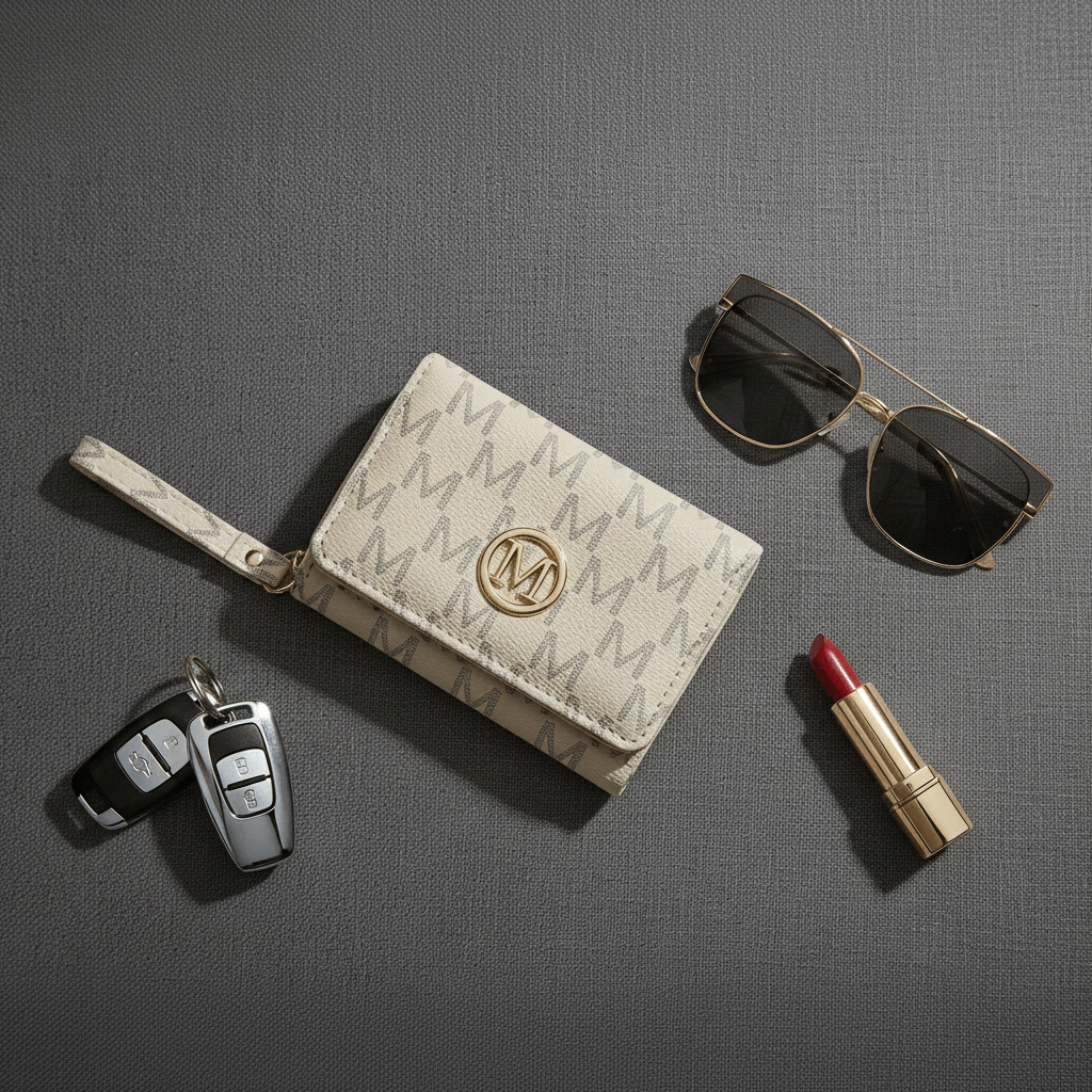 Flat lay portefeuille beige