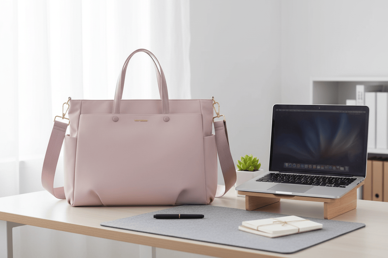 Gros plan bureau avec sac rose