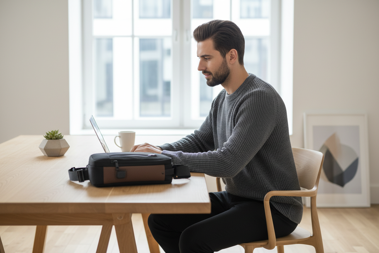 Homme au bureau avec le sac