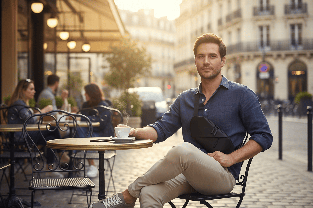 Homme au café avec le sac