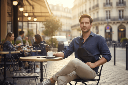 Homme au café avec le sac