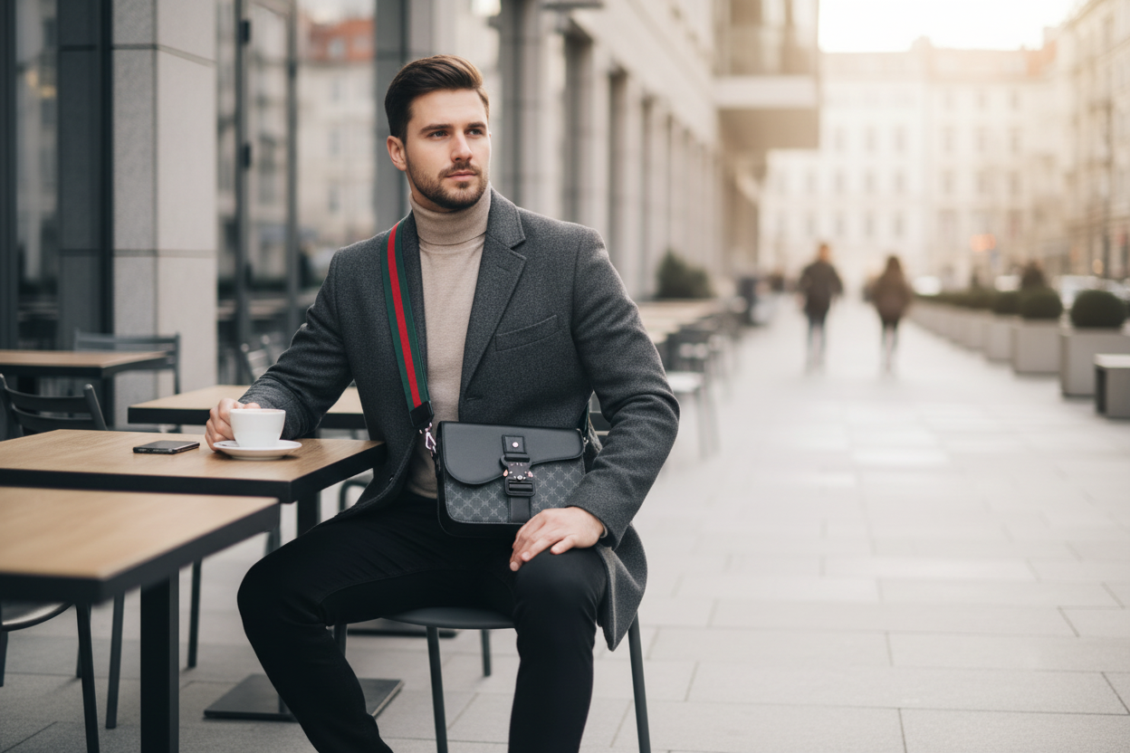 Homme au café avec le sac