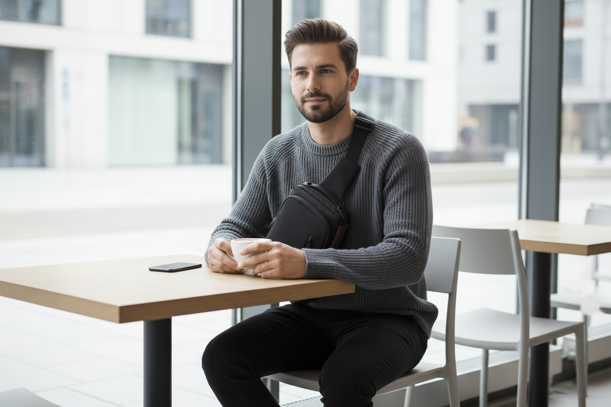 Homme au café avec le sac