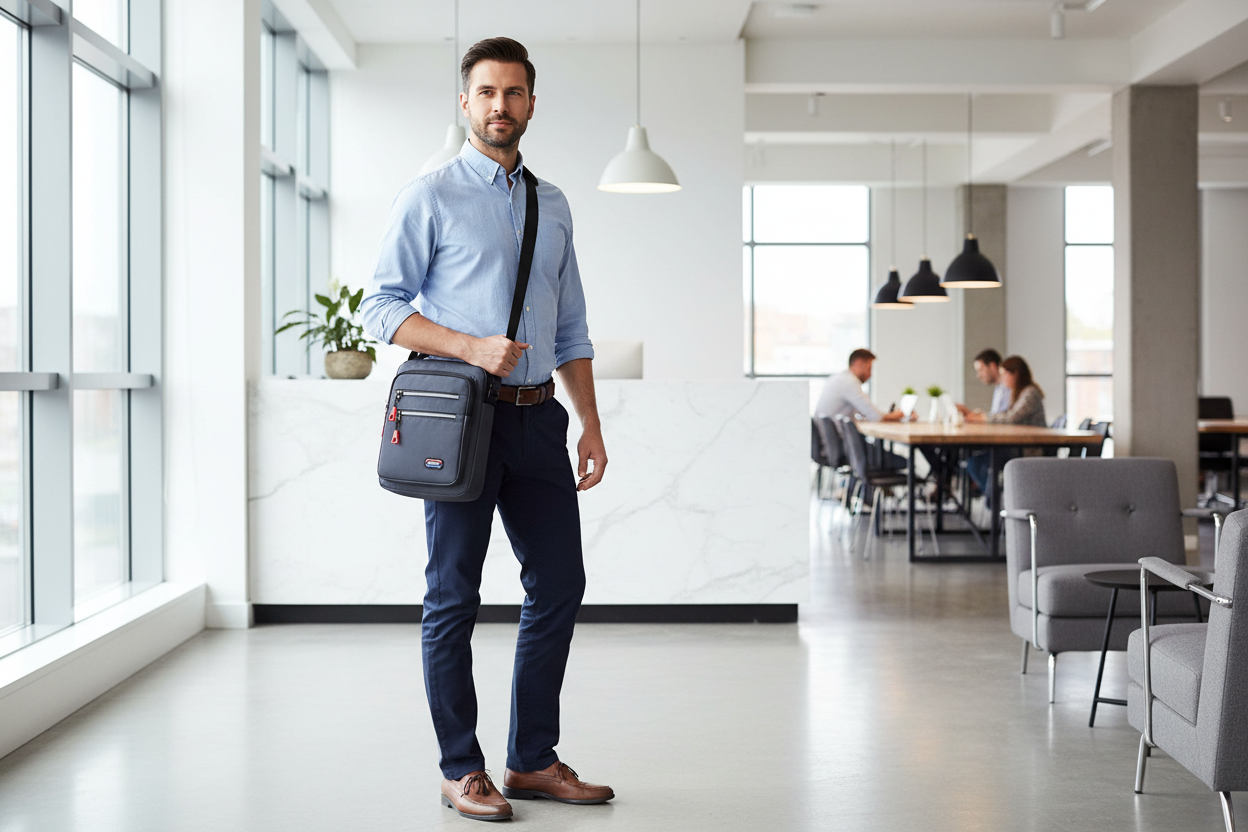 Homme dans un espace de coworking avec le sac