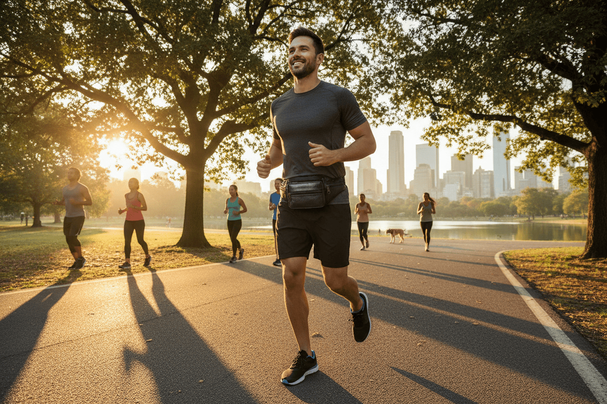 Homme en jogging avec le sac en cuir PU