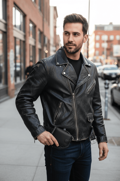 Homme en veste de cuir urbain