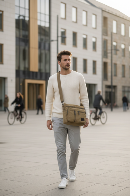 Homme marchant avec le sac en bandoulière