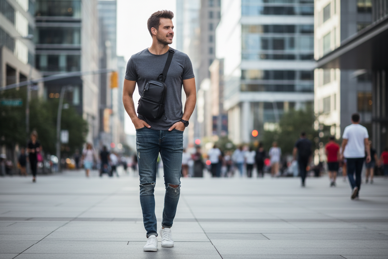 Homme marchant en ville avec le sac