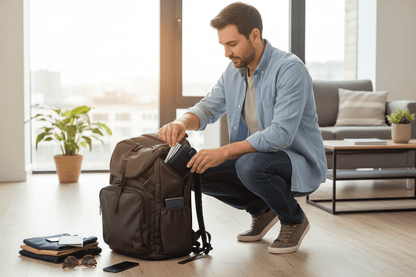 Homme préparant son sac de voyage