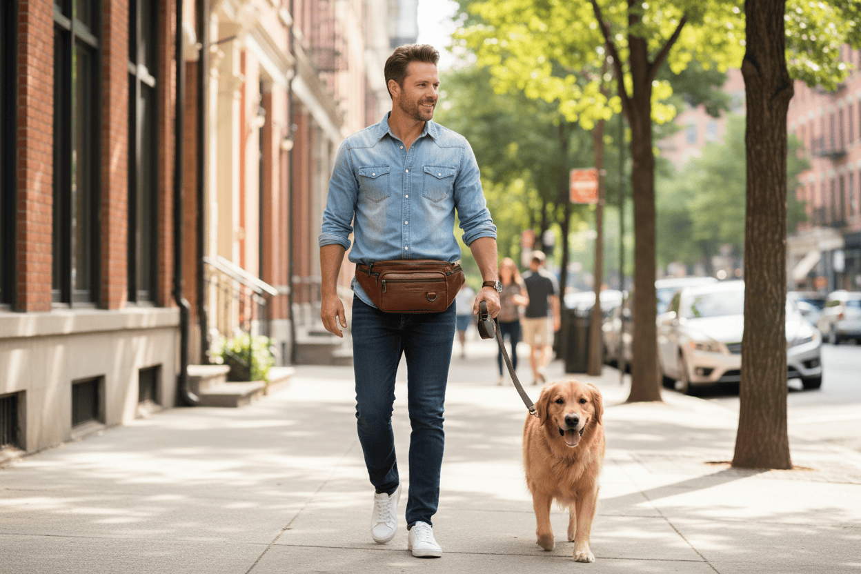 Homme promenant son chien avec le sac