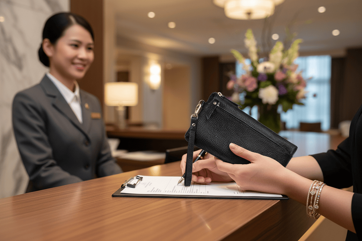 Mains pochette noire hôtel