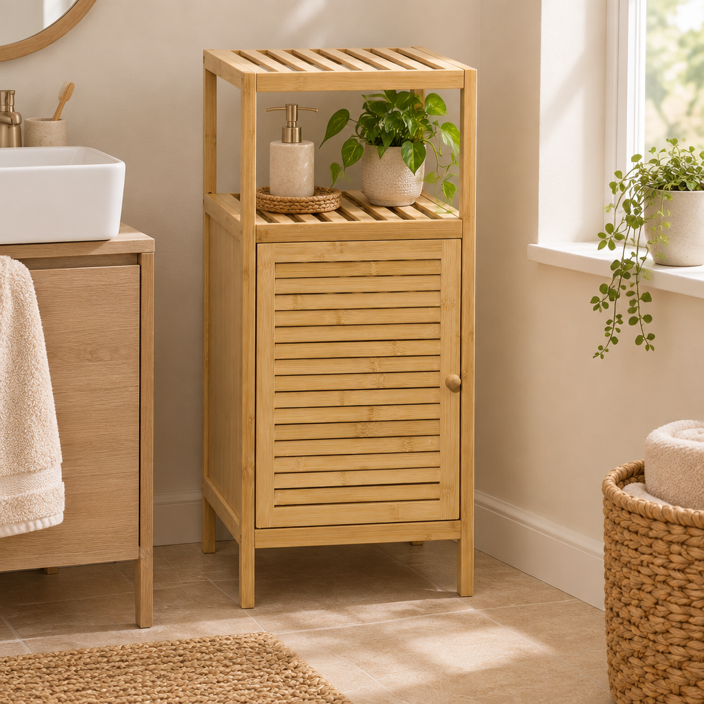 Mise en scène 1 : meuble dans une salle de bain lumineuse avec plante
