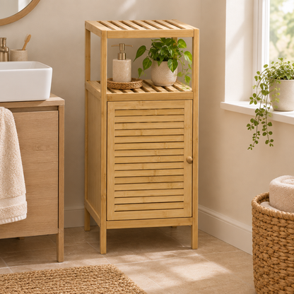 Mise en scène 1 : meuble dans une salle de bain lumineuse avec plante