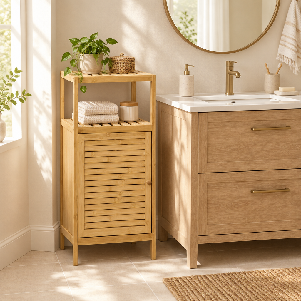 Mise en scène 3 : meuble à côté d'un meuble vasque avec miroir