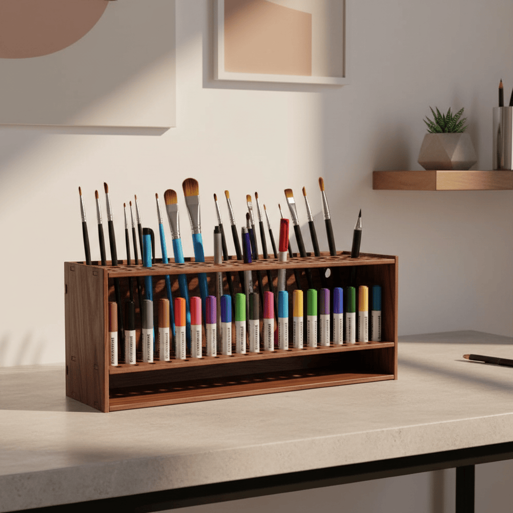 Organisateur bois avec pinceaux fins et marqueurs épais