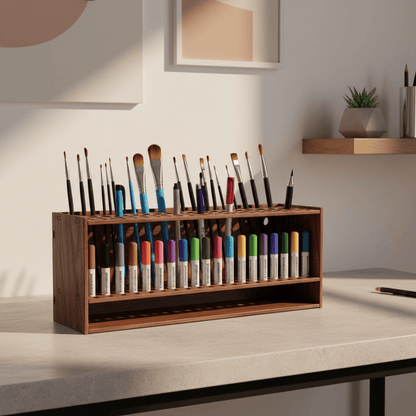 Organisateur bois avec pinceaux fins et marqueurs épais