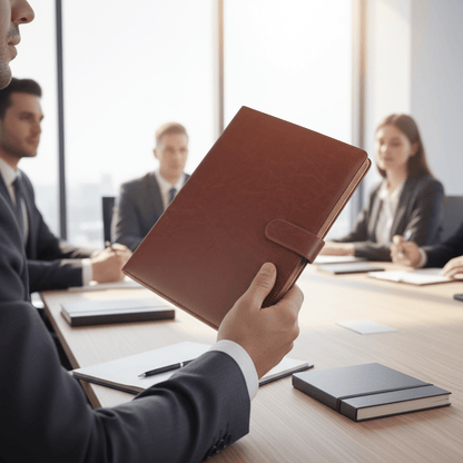 Organisateur cuir cognac tenu en main