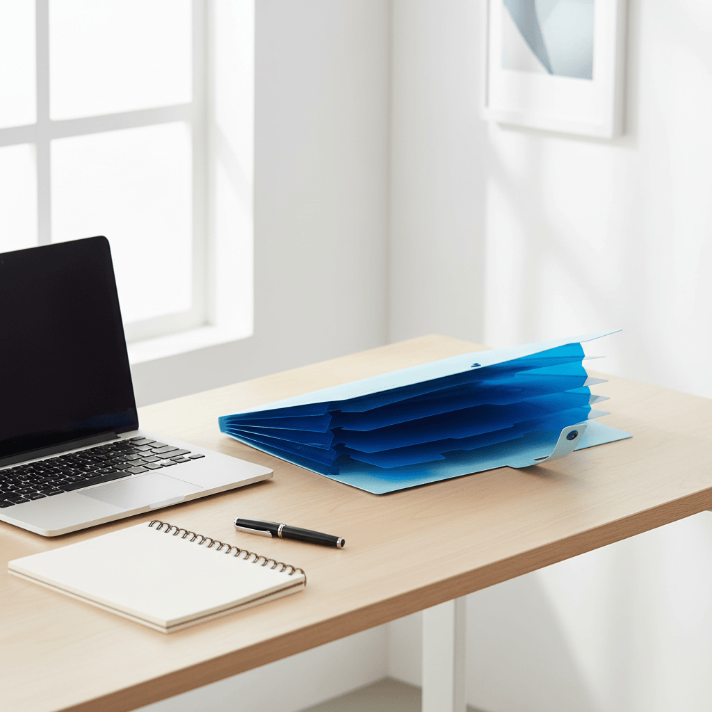 Organiseur bleu clair sur bureau