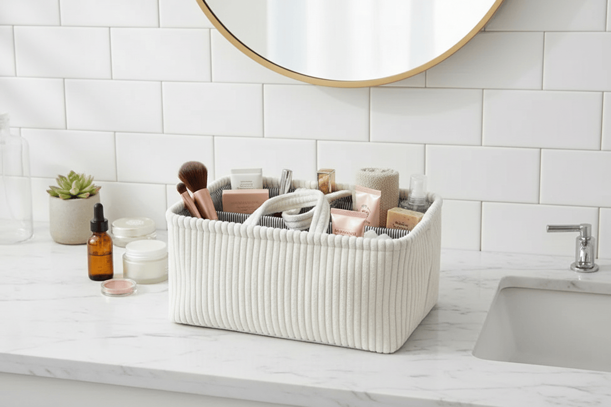 Panier beige dans salle de bain