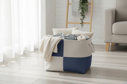 Panier beige et blanc dans salon scandinave