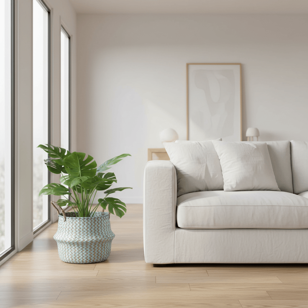 Panier en osier comme cache-pot dans un salon