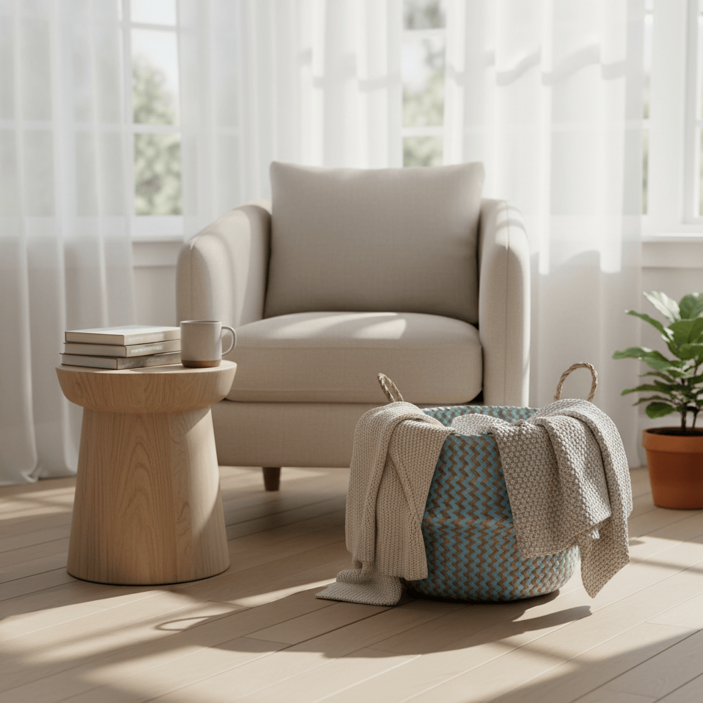 Panier en osier dans un coin lecture