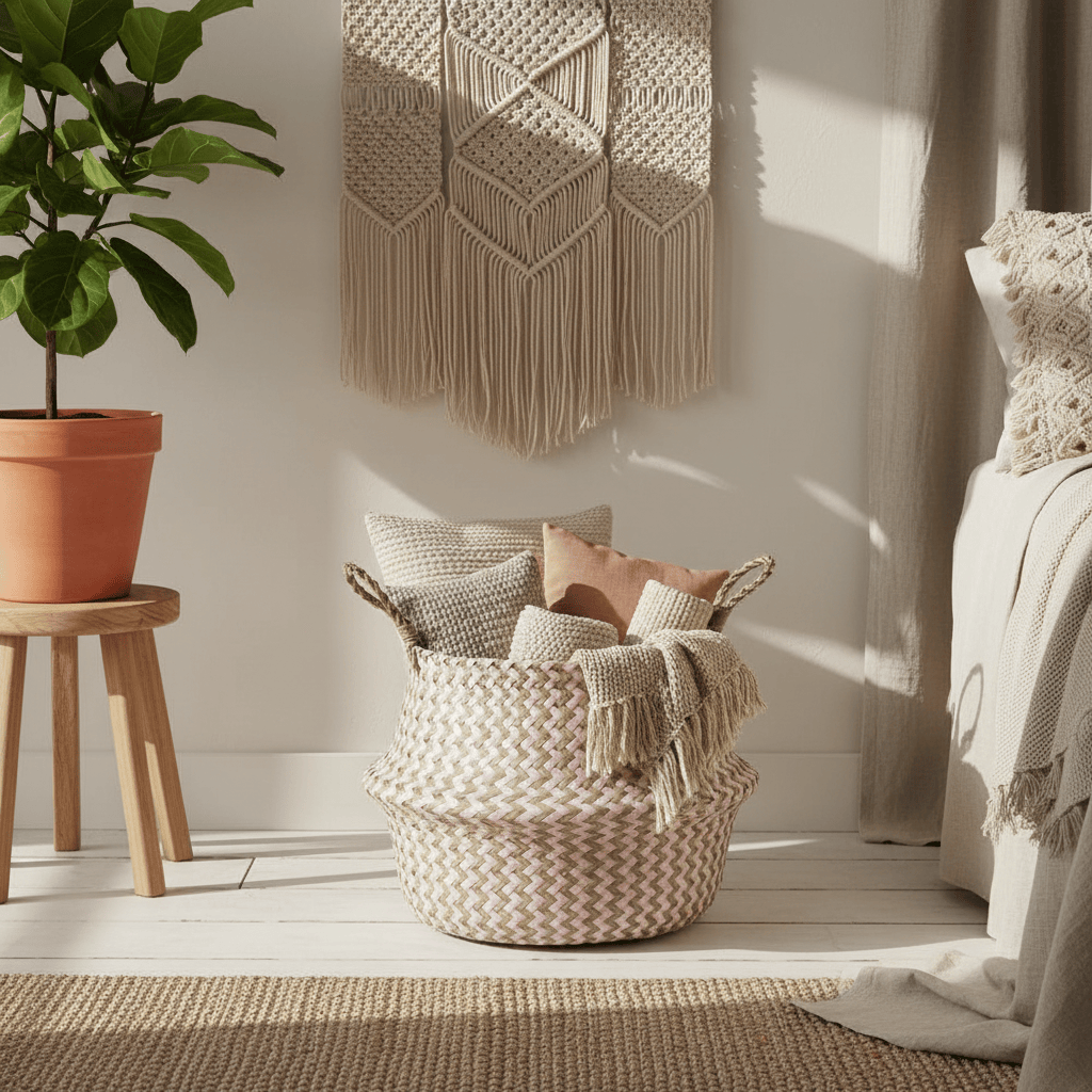 Panier en osier rempli de couvertures