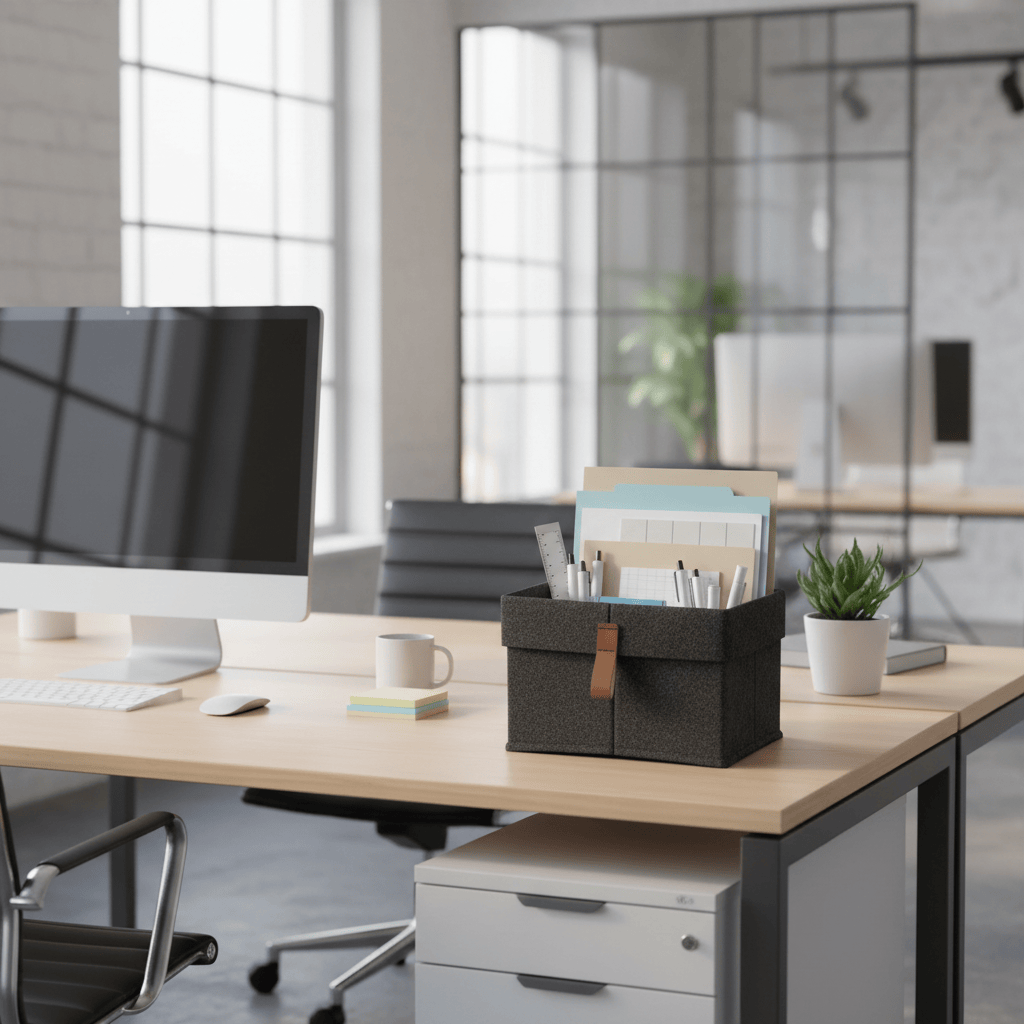 Panier gris en feutre sur bureau d'entreprise