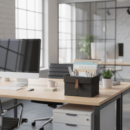Panier gris en feutre sur bureau d'entreprise