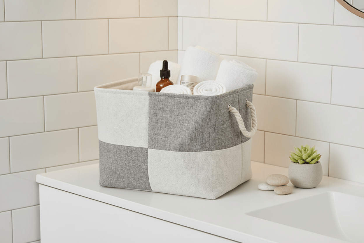Panier gris et crème dans salle de bain