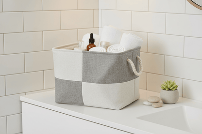 Panier gris et crème dans salle de bain
