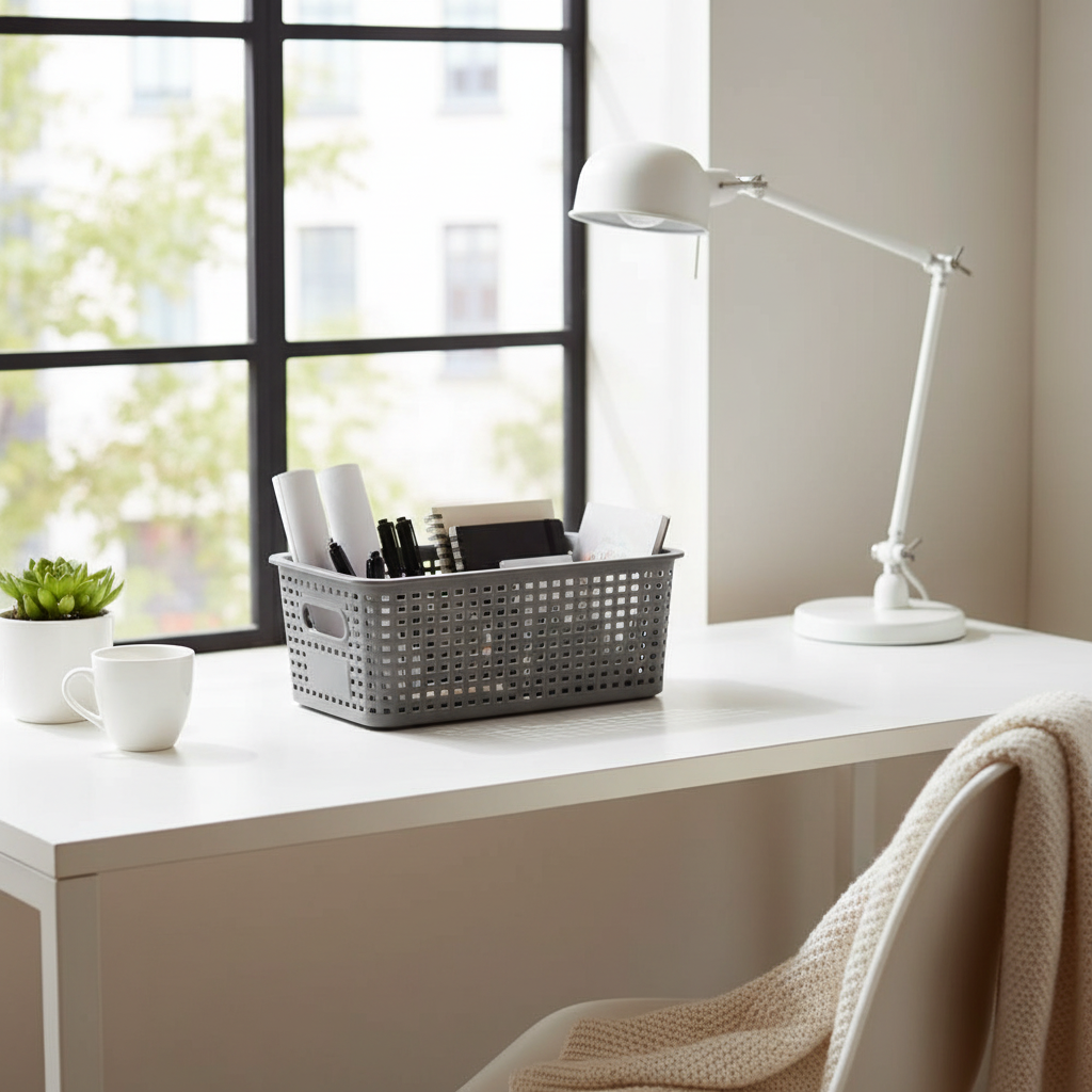 Panier gris sur bureau