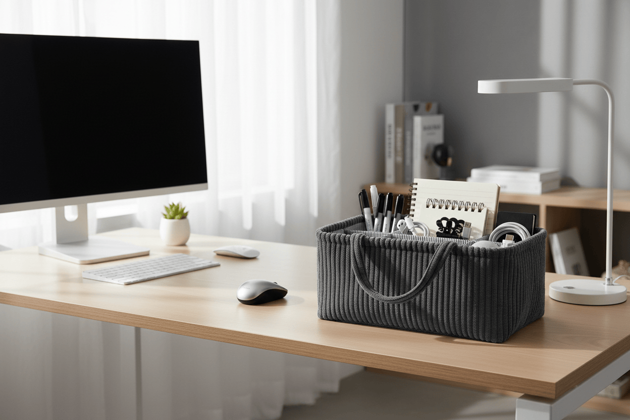 Panier gris sur bureau
