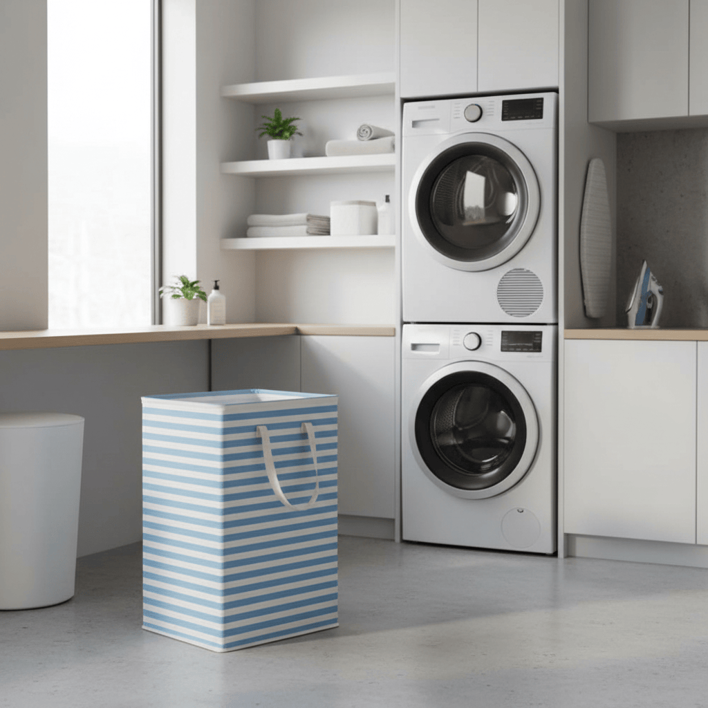 Panier linge 75L polyester rayures bleu-blanc