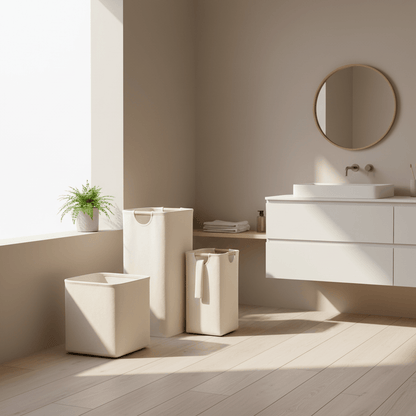 Panier linge beige imperméable avec poignées bambou