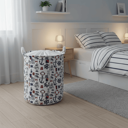 Panier linge coton ancre marine avec poignées blanches