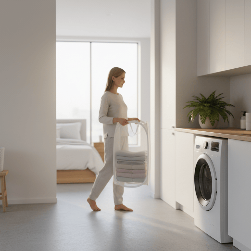 Panier linge mesh blanc avec poignées ergonomiques