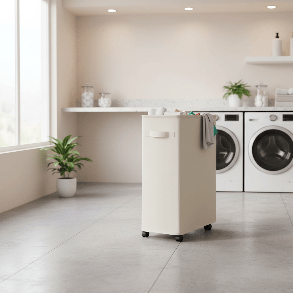 Panier linge Oxford beige sur roulettes en déplacement